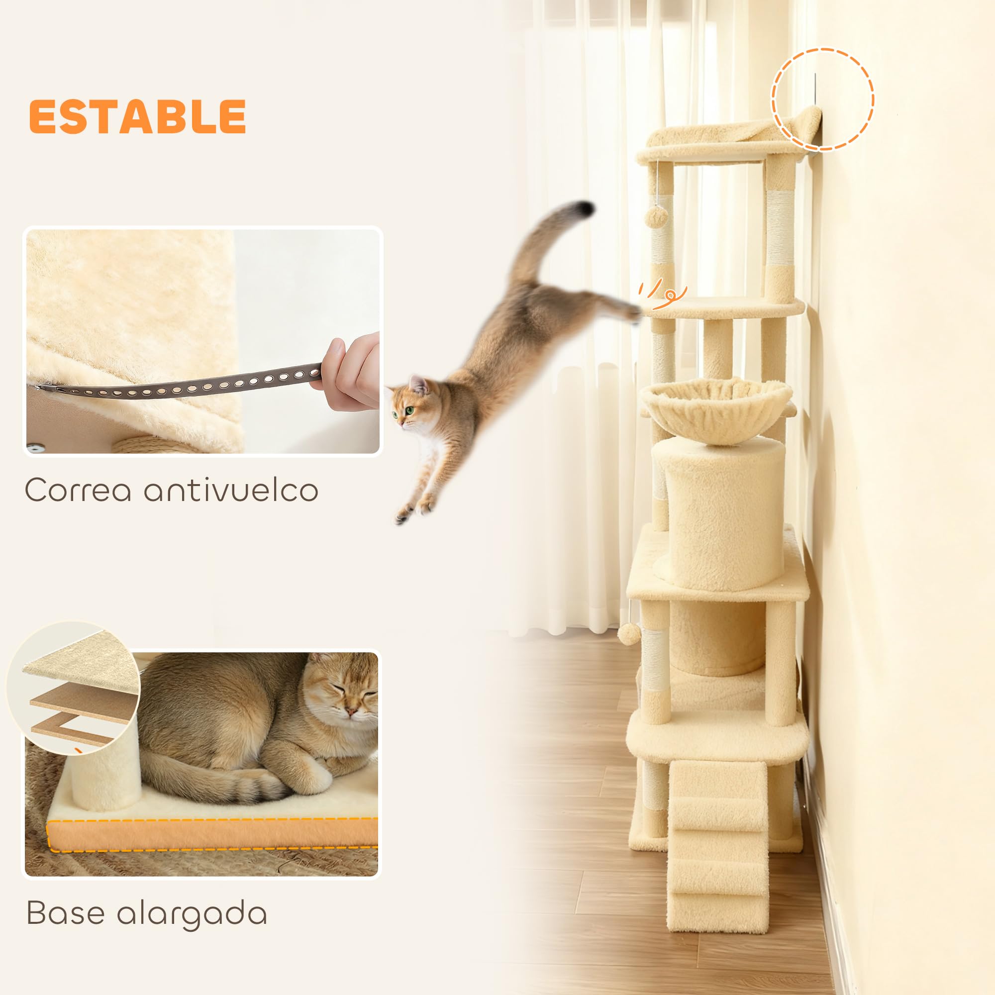 PawHut Árbol Rascador para Gatos Grande Torre de Escalada 170 cm Beige | Árbol para Gatos, 7 Postes, 1 Túnel, 3 Plataformas, 2 Cuevas, 1 Hamaca, 1 Percha, 1 Rampa, Pompones