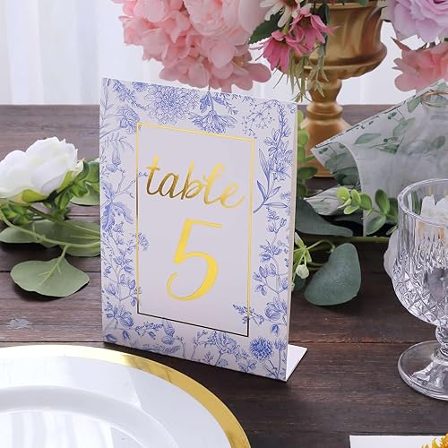 Miniatura 8 de Efavormart - Paquete de 25 números de mesa de boda de papel blanco y azul de doble cara con impresión de números florales y dorados, tarjetas de