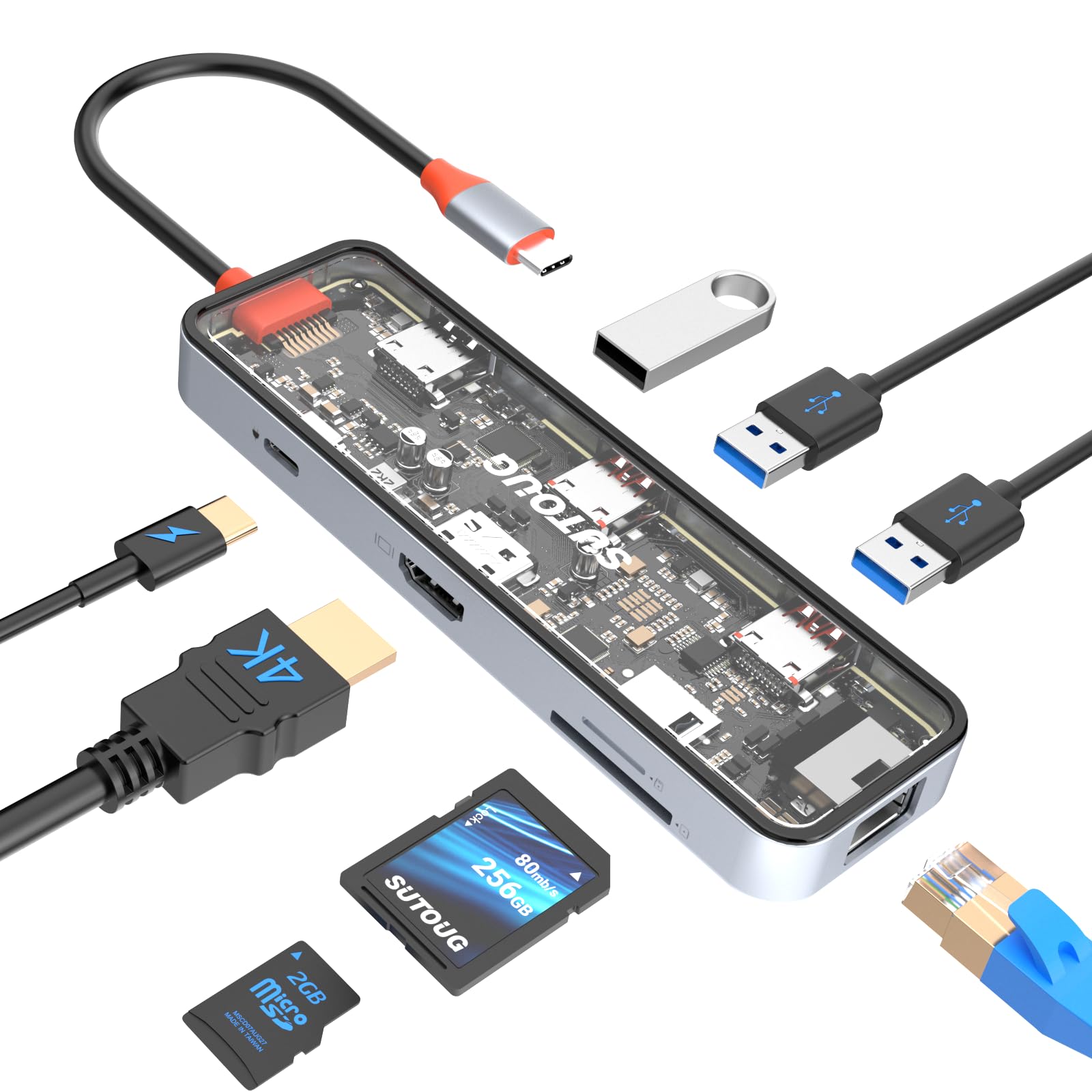 Hub USB C 8 w 1, wieloportowy adapter USB C Hub z 4K HDMI, 100 W PD, 5 Gb/s, USB 3.0, port USB 2.0, port Ethernet, czytnik kart SD i TF, klucz USB C do innych urządzeń typu C