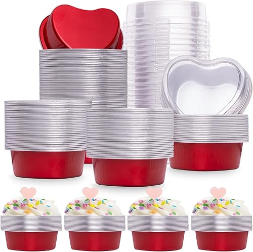 yeload 120 moldes para pasteles en forma de corazón con tapas, mini moldes de aluminio para tartas, 3.4 onzas3.4 fl oz de papel de aluminio