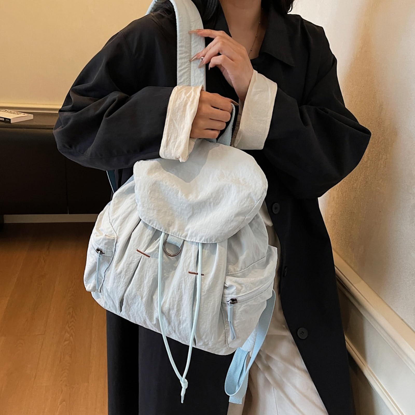 Zaino A Flap Cordone Leggero delle Donne Grande capacità per L'uso della Mamma dello Shopping All'aperto del Pendolare-Blue