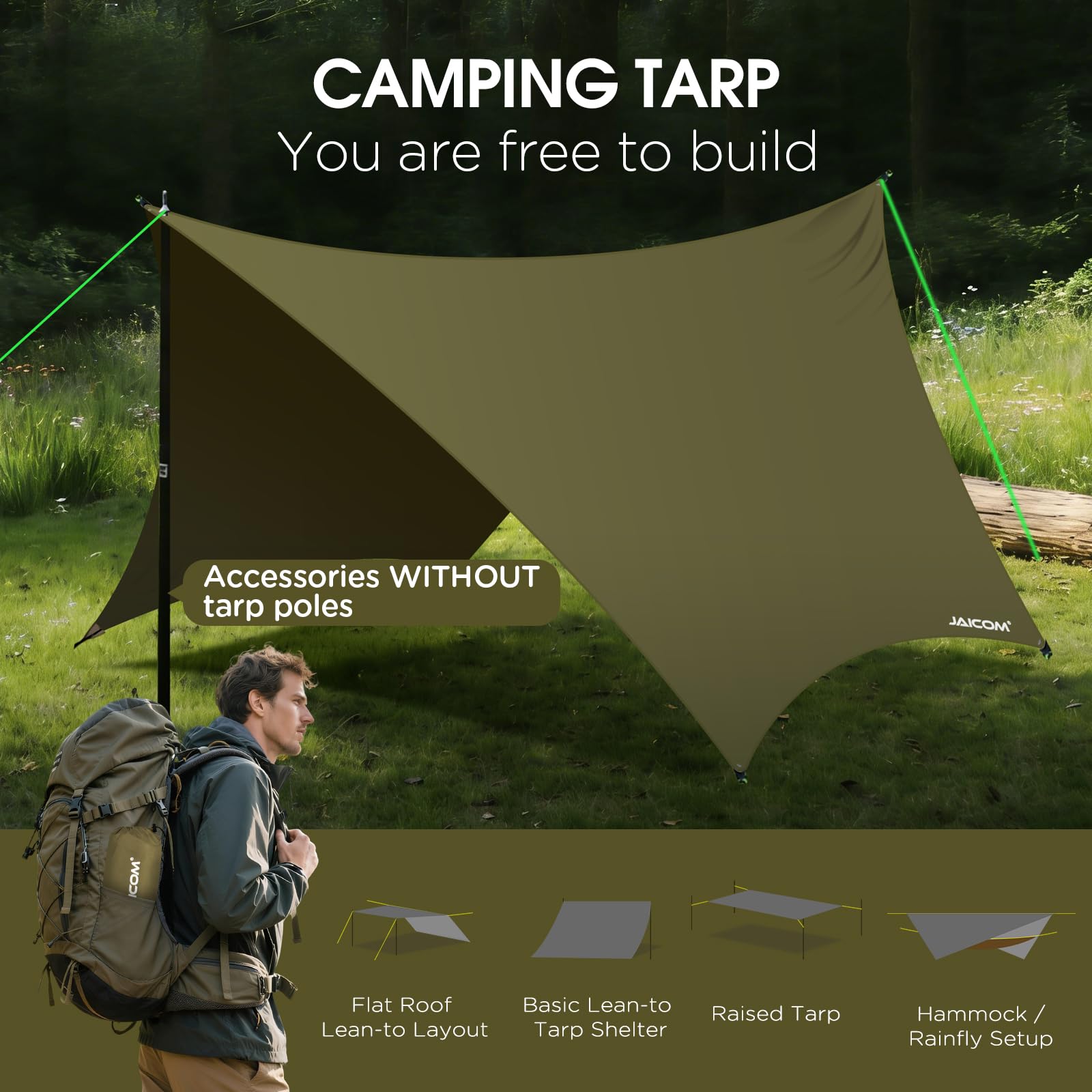 JAICOM Toldo Camping Impermeable, 3.6x2.9m Tarp - Ultraligero y Resistente al desgarro Toldo de Refugio, con Clavos de Aluminio, Cuerdas de Nylon, Clip para Lona, para Al Aire Libre, Picnic