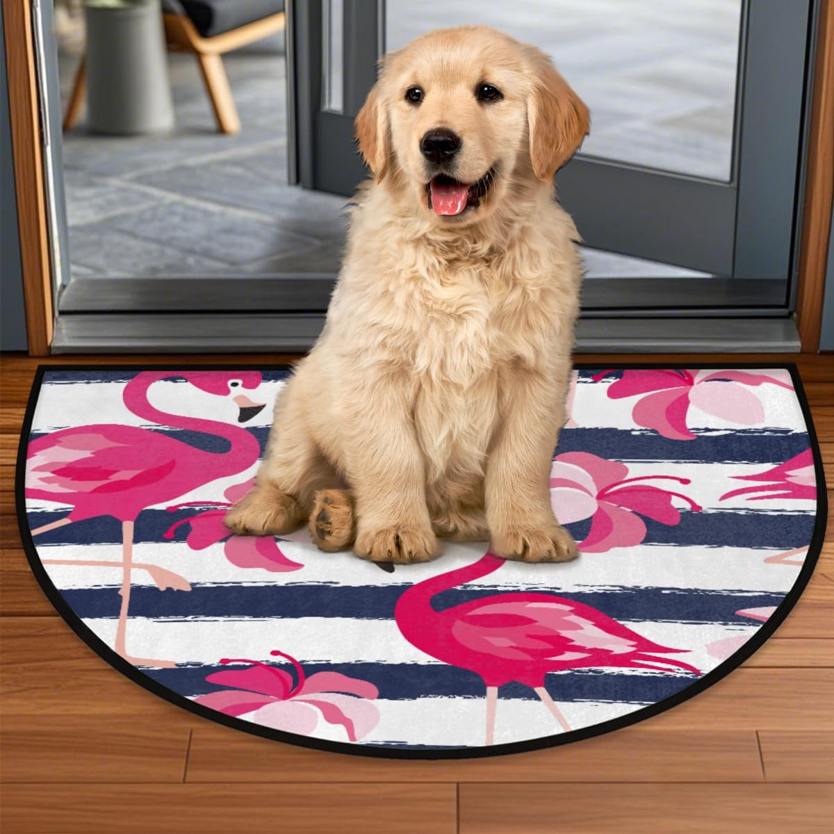 Half Round Door Mat - Indoor Outdoor Floral Flamingo Half Circle Rug for Entryway, Bathroom, Kitchen, Living Room - Washable Non-Slip Half Moon Mat with Boho Floral Vintage Design - Small Floor Mat