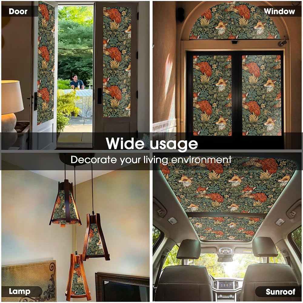 16“x118 Boho Antique Fox Herbs Double Side Window Films Decorative Window Privacy Tinting Film Self-Adhesive Static Glass Window Clings Stickers for Living Room Bathroom Glass Windows Decor