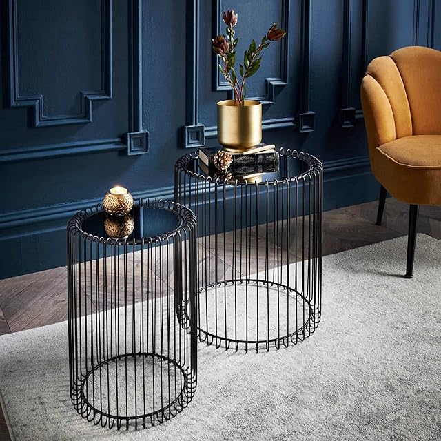 OTZ Set of 2 Round Caged Nesting Tables Black with Black Mirrored Top End Table Plant Tables Living room