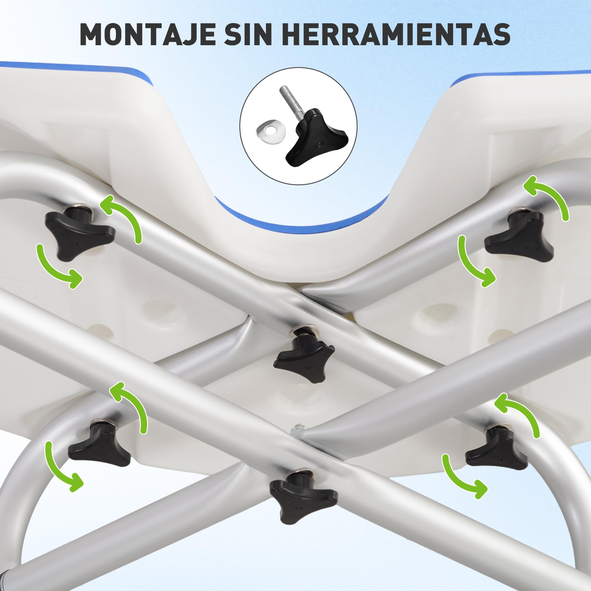 HOMCOM Taburete de Ducha Antideslizante para Personas Mayores 150 kg Azul | Silla para Ducha, Barra de Agarre por Ventosas, Altura Regulable, Asiento en Forma de U