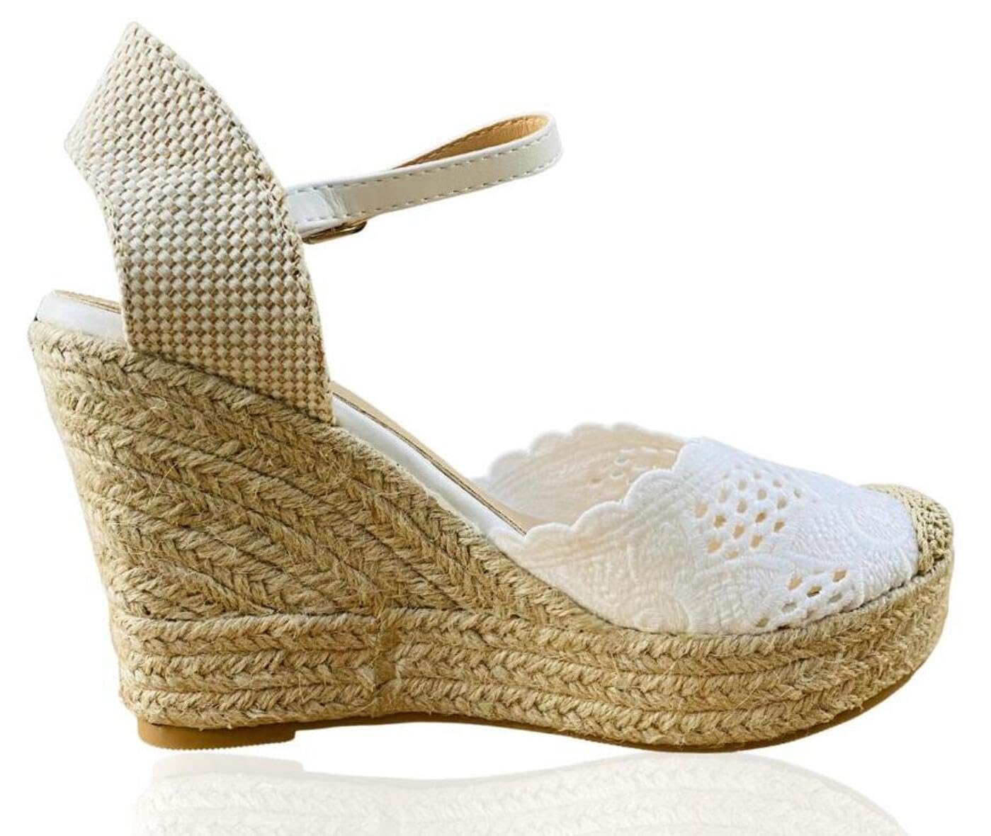 Miro Boho Chic Cuñas de Esparto Mujer – Alpargatas Cuña Novia Boho Chic Cómodas y Ligeras – Sandalias Mediterráneas con Encaje, Pulsera al Tobillo y Plataforma de Yute para Verano y Eventos