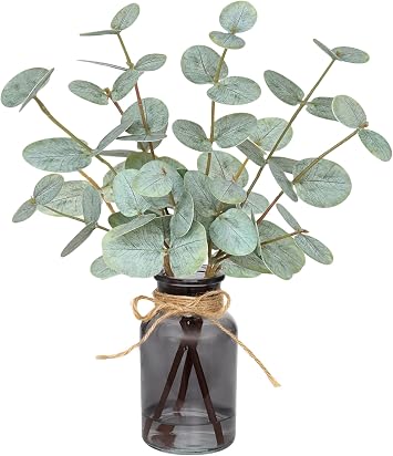 Artificial Eucalyptus Stems in Vase with Faux Water,Fake Plants for Bathroom,Coffee Table,Green Leaves for Centerpiece,Faux Greenery Plants Decorations.Green-Black Bottle