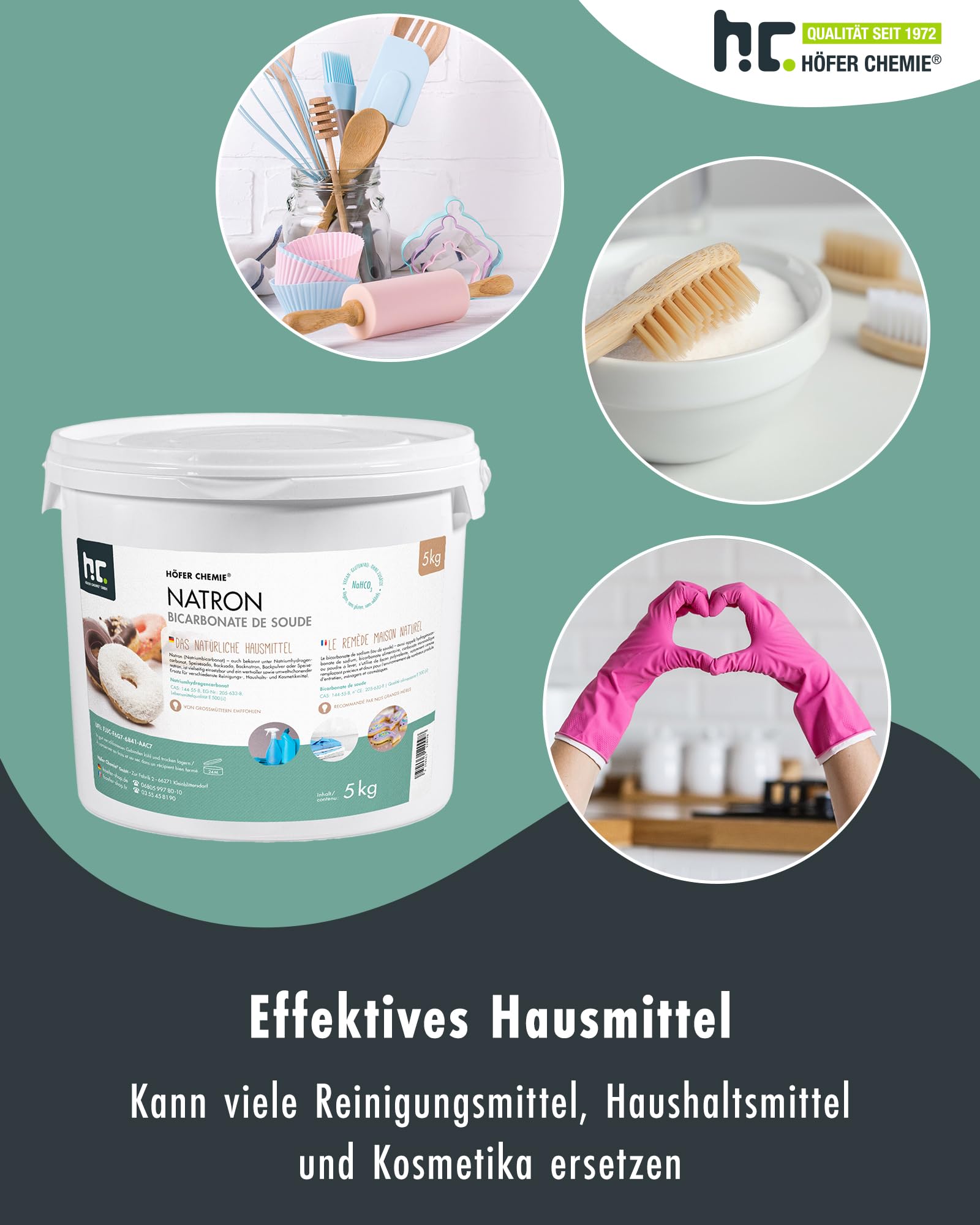 Höfer Chemie Natron Backsoda Natriumhydrogencarbonat 4 x 5 kg - Natron Pulver in Lebensmittelqualität - Effektives Hausmittel - Vielseitig Verwendbar