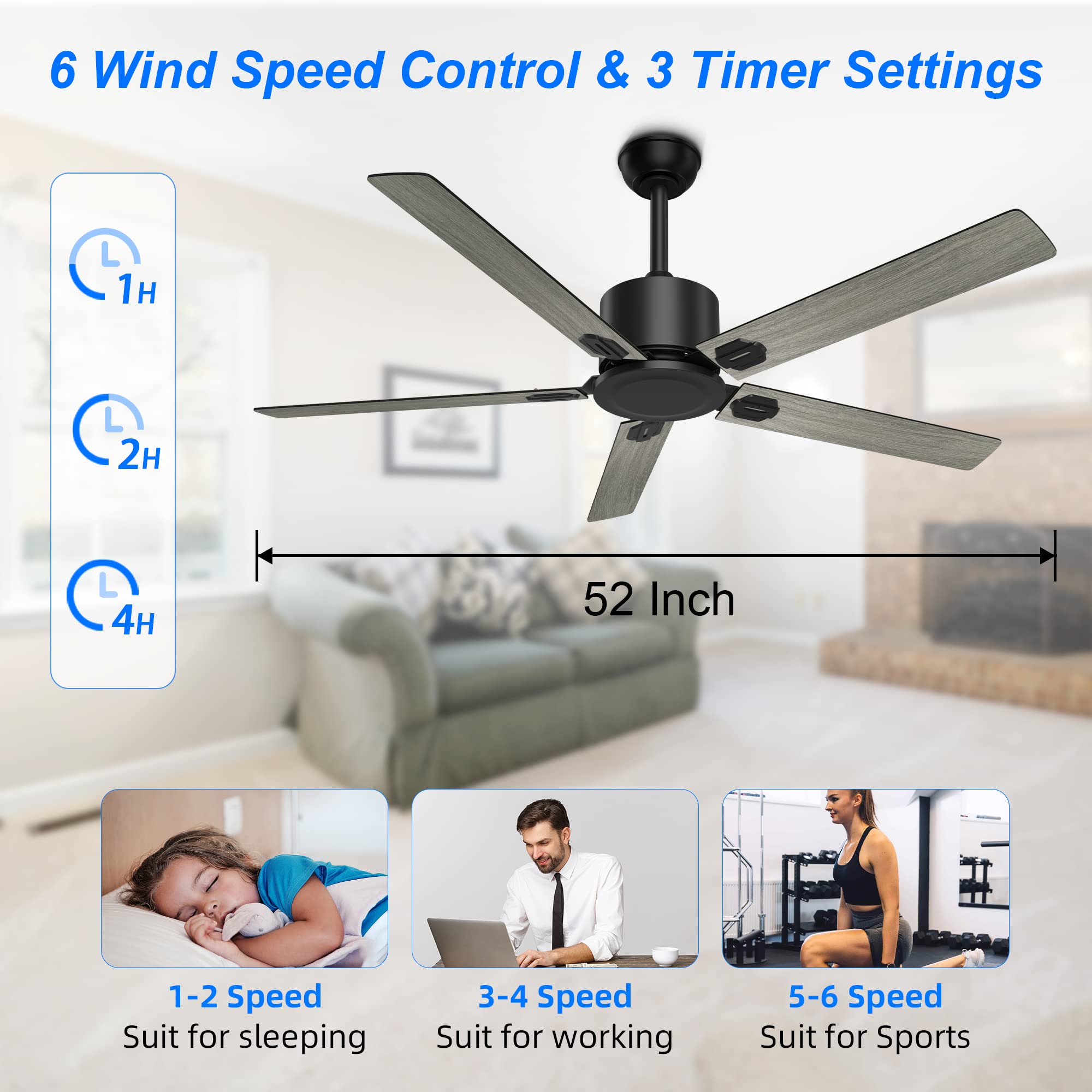 BECLOG Outdoor Ceiling Fan, Ceiling Fans 52� with Remote Control Ceiling Fan Modern with 6 Speeds Reversible DC Motor Ceiling Fans No Lights for Patios, Living Room, Farmhouse, Kitchen