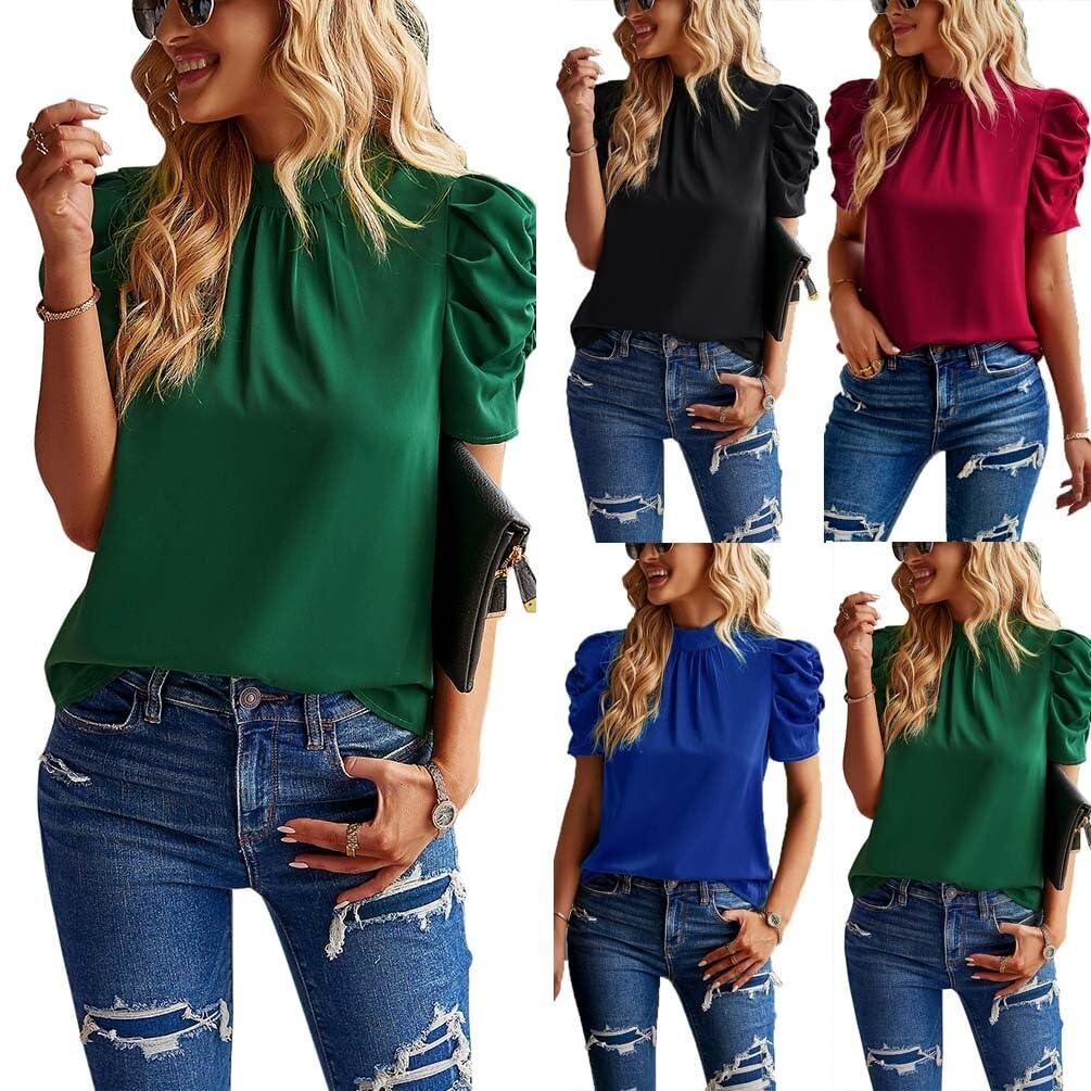 Femmes Col Rond Plissé Devant T-Shirts À Manches Courtes Été Hauts Habillés Blouses Décontractées Été Femmes Col Rond Hauts Amples T-Shirt Oversize (Color : Black, Size : L)