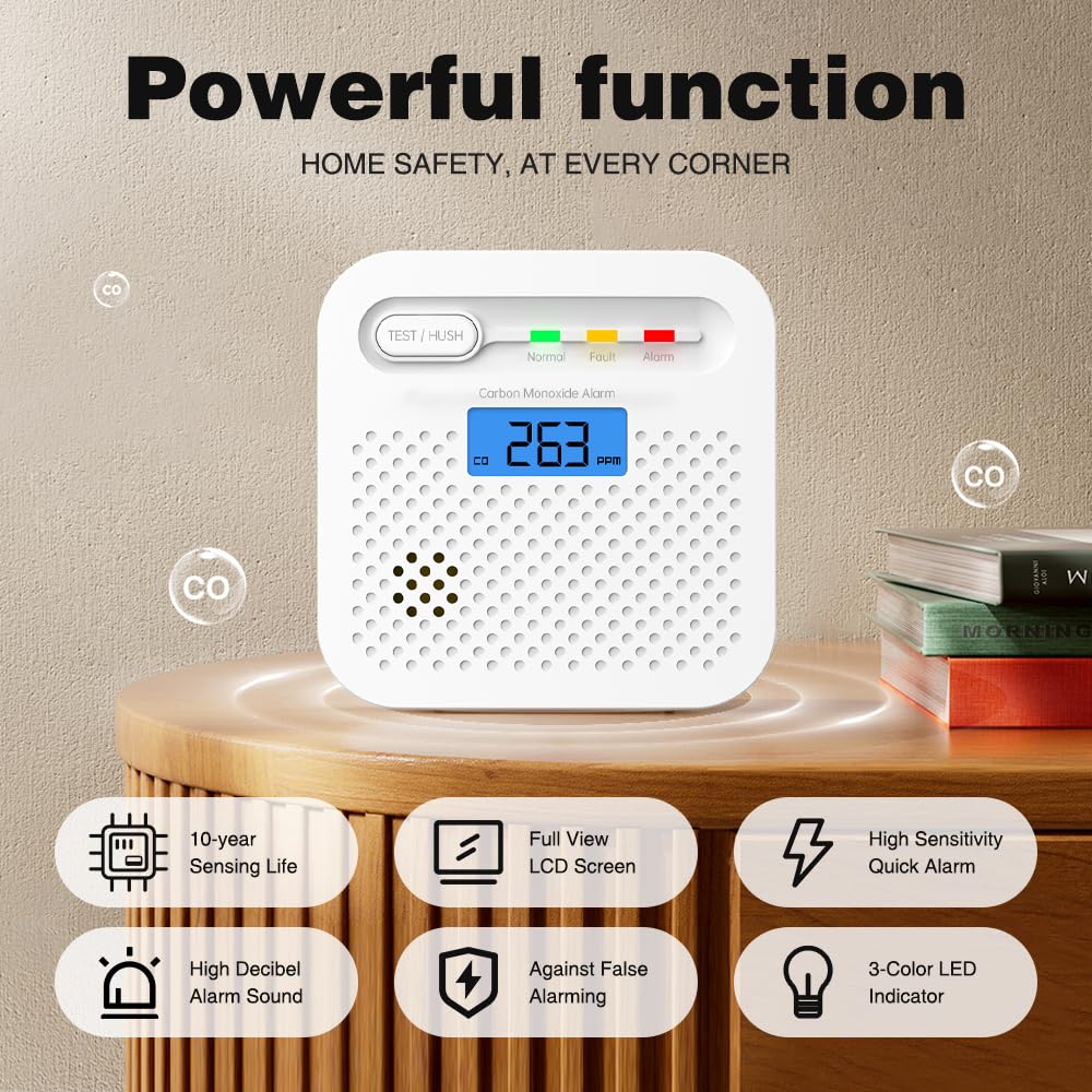 Detector de Monóxido de Carbono Inteligente WiFi 10 Anos de bateria,notificaciones Push en Tiempo Real a través de la aplicación de Seguridad Tuya y SmartLife, Pantalla LCD Digital, para el hogar