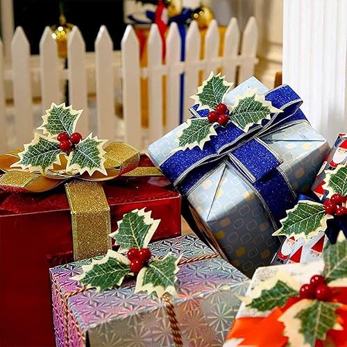 Miniatura 4 de Bayas artificiales de acebo con hojas verdes, 12 flores artificiales de bayas rojas de acebo para árbol de Navidad/decoración de arreglos de corona,