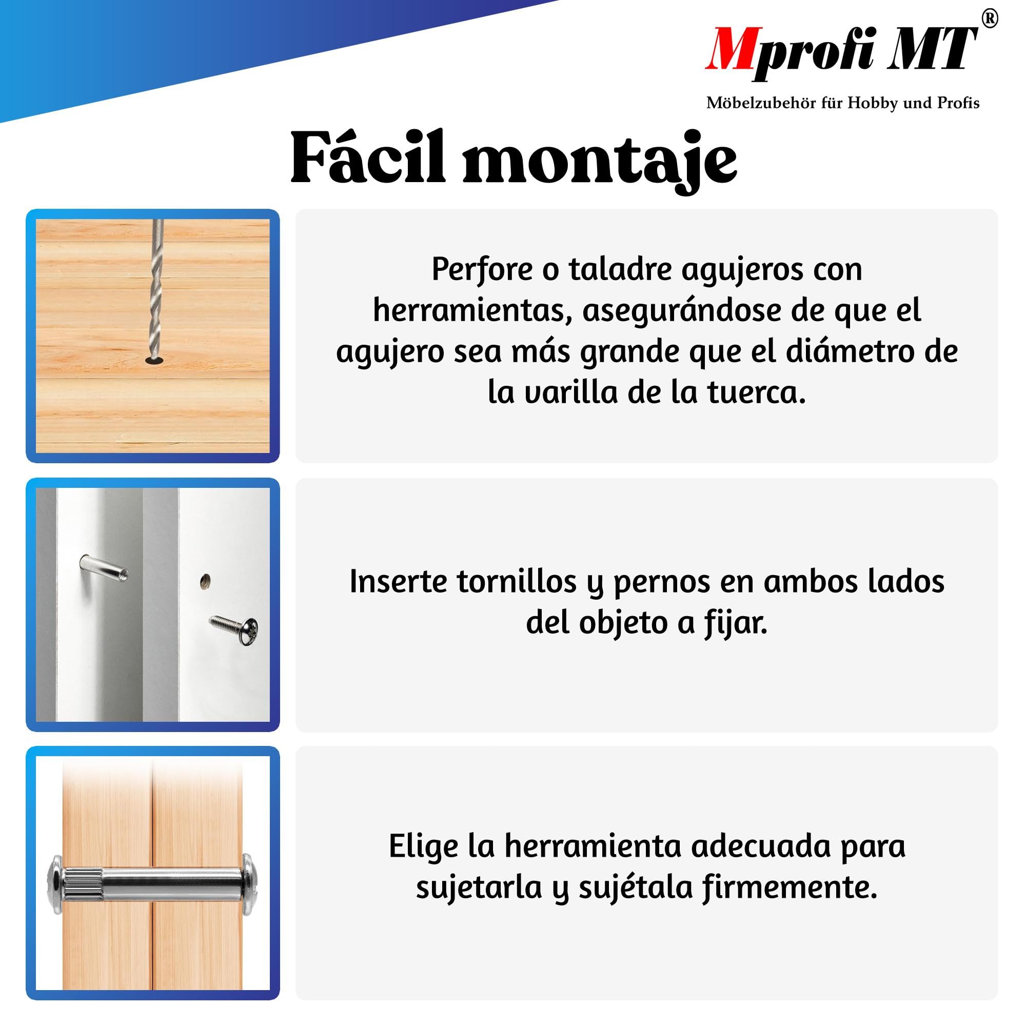 Mprofi MT® 50 Piezas | Tornillos de Conexión para Muebles M6 x 31–40mm | Conectores de Armario | Tornillos de Unión de Muebles | Fijación para Muebles | Totalmente Metálicos | Acero Inoxidable
