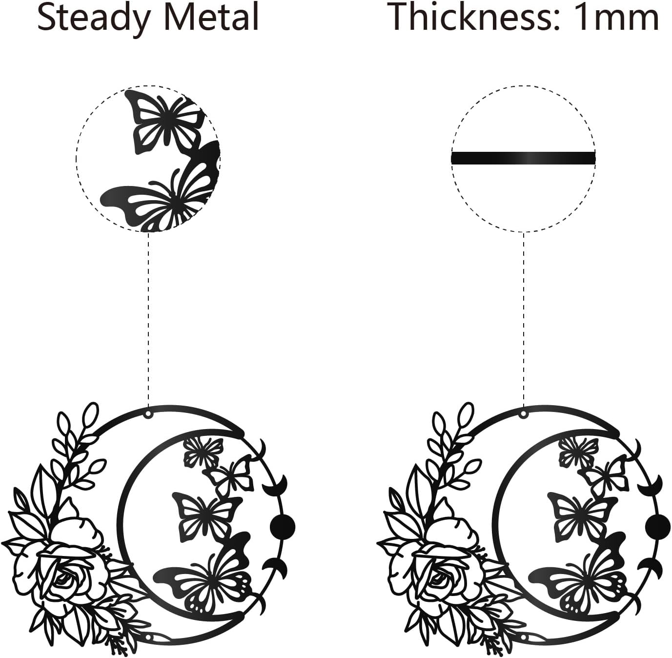 CREATCABIN Moon Rose Metal Wall Art Decor Black Butterfly Wall Hanging Decor Art Hanging Silhouette Ornament for Modern Farmhouse Rustic Home Office Garden Hotel Decoration 11.8x10.2Inch