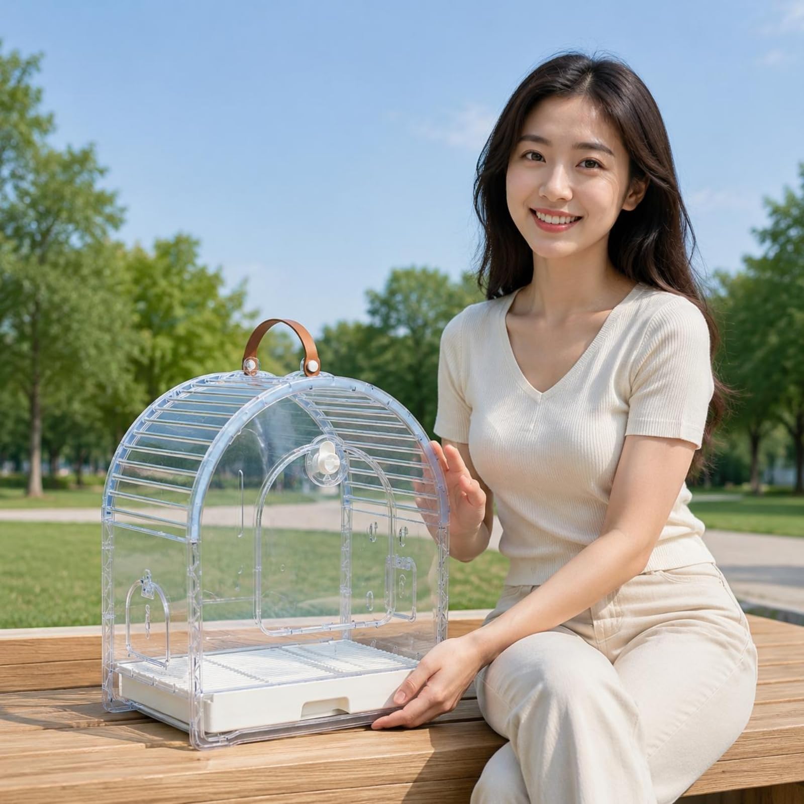 Jaula de Viaje Transparente Gran Espacio Transportador de Aves Transpirable Estilo Moderno Artículo Portátil para Salidas, Blanco Arroz, Mediano
