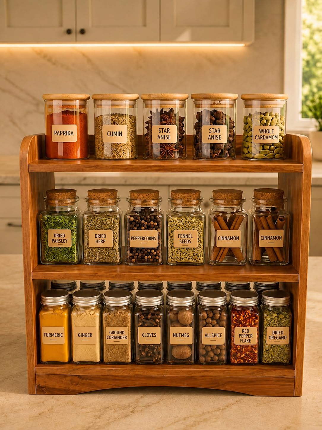 3 Tier Wooden Kitchen Organizer Rack for Countertop Storage | Multipurpose Spice Rack & Masala Stand for Seasoning Bottles, Condiments, Tea, Coffee & Daily Essentials-image-31