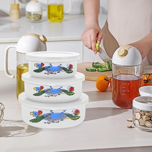 Miniatura 4 de Kichvoe Juego de 3 tazones esmaltados vintage con tapa, estilo chino, para ensalada, fruta, almacenamiento de alimentos, recipientes de preparación