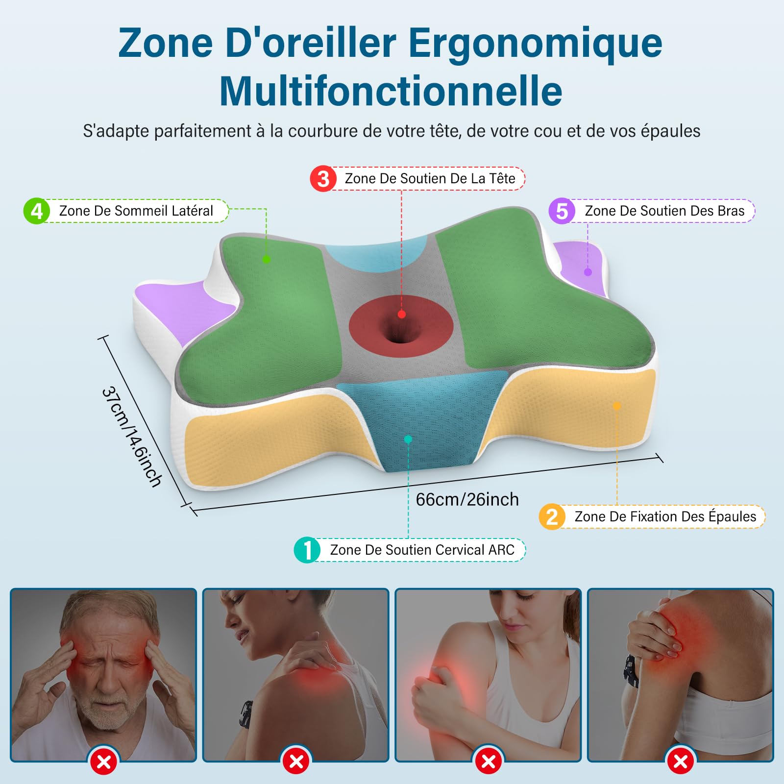 Oreiller Ergonomique Cervical Oreiller Memoire Forme, Adapté aux Personnes Dormant avec Taie d'oreiller Amovible, Coussin pour Dormir sur Le Côté, Le Dos et Le Ventre, 66x37x12/9 cm, Gris