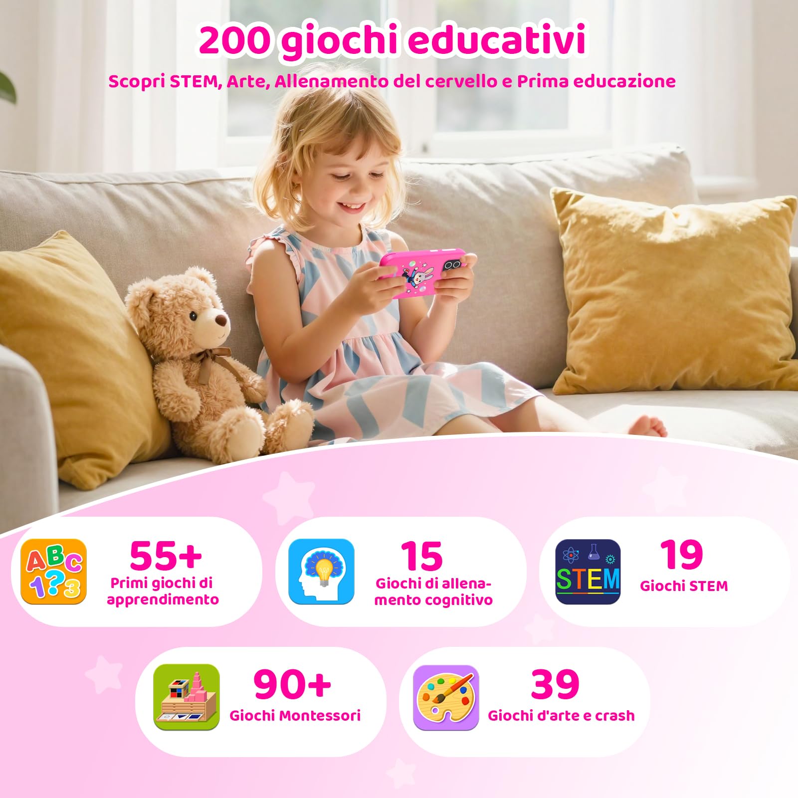 CHAKEYAKE Telefono per Bambini, Mini Smartphone Bambini Senza Contratto, Display HD da 3,5", Fotocamera, Giochi Educativi, Batteria 1000 mAh, USB-C, Regalo di Natale e Compleanno per Bambini 3-12