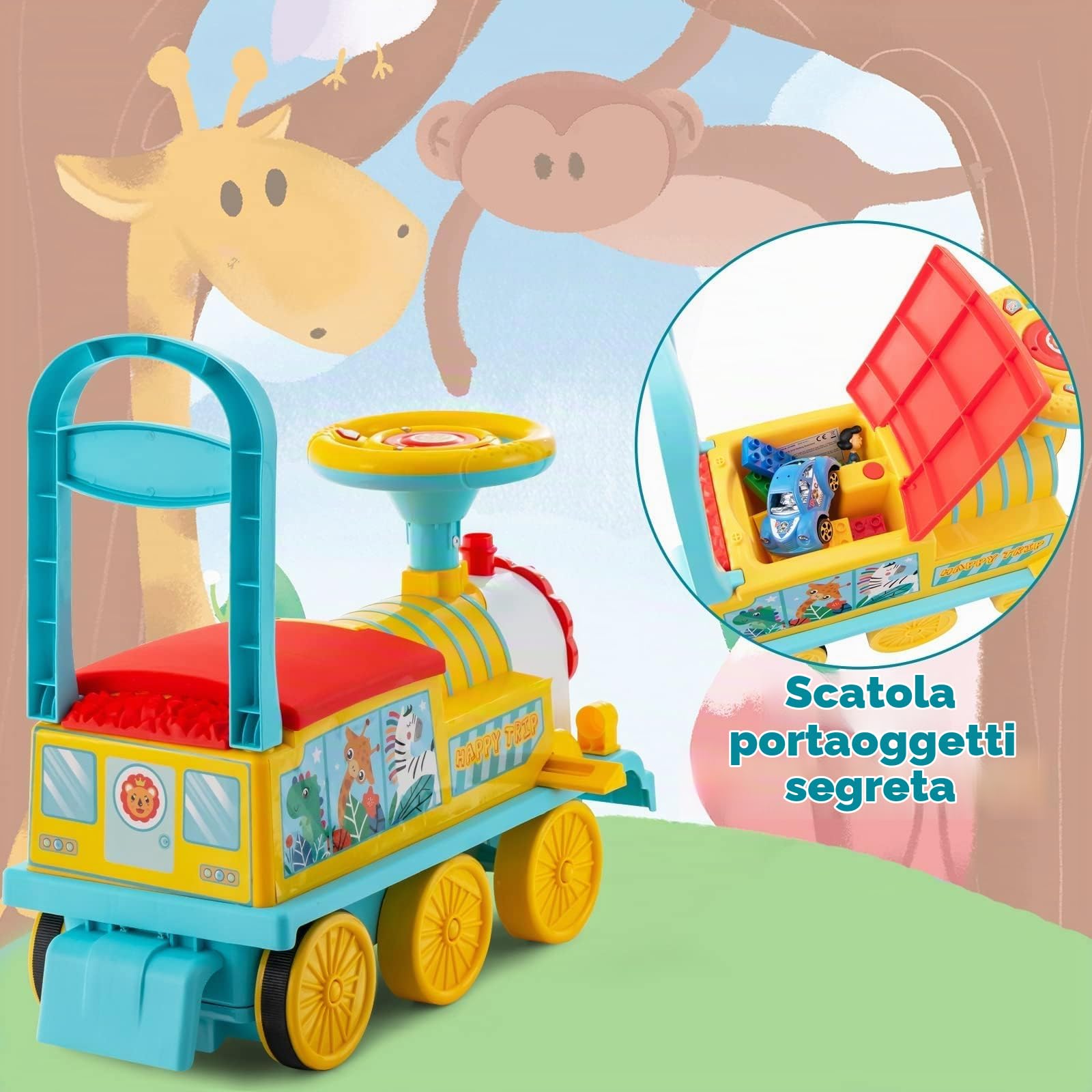 RELAX4LIFE 2 in 1 Macchina Elettrica per Bambini e Trenino Elettrico per Bambini con 16 Pezzi di Binari, Musica, Luci, Pedali Retrattili, 2 Anni+ (BLU 3)