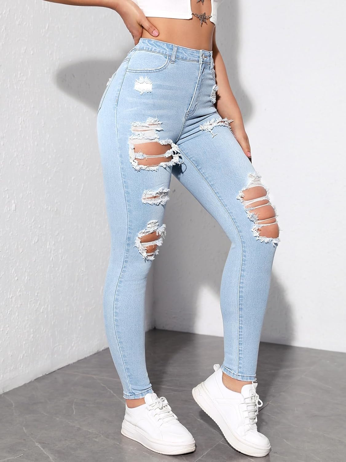 Floerns Women's Stretchy Ripped Skinny High Waist Denim Jeans with Pockets - Image 3