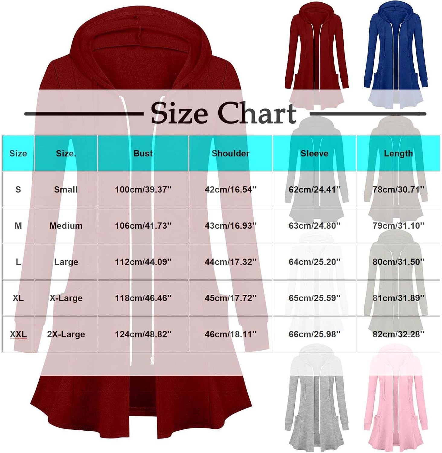 Womens Zip Up Long Hoodie Jacket Lightweight Tunic Sweatshirt Open Front Cardigan Solid Color Coats with Pockets
