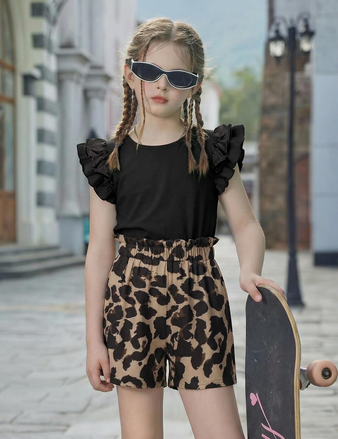 Arshiner Girls 2 Piece Outfits Summer Clothes Ruffle Short Sleeve Shirts Top and High Waist Paper Bag Shorts Set with Pockets - Image 4