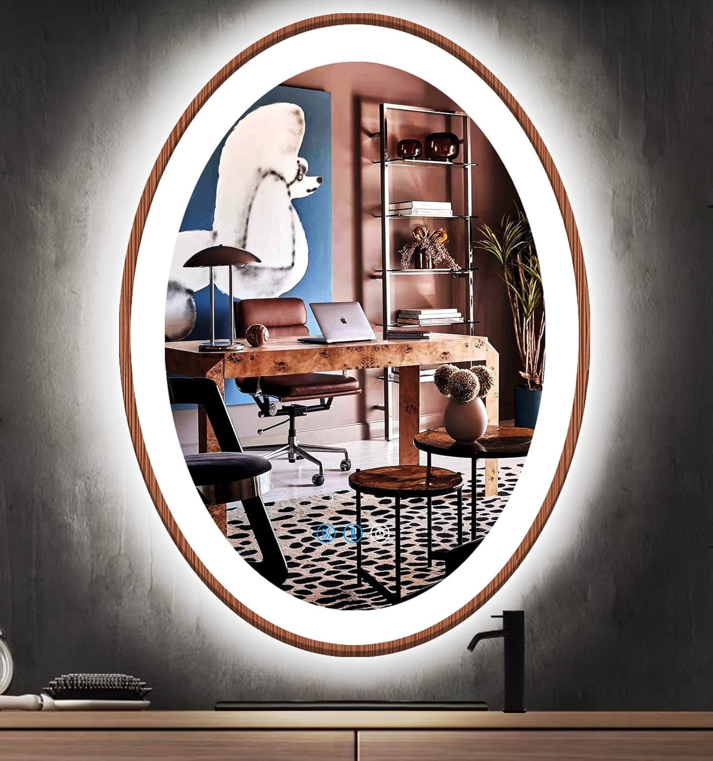 Espejo ovalado LED con marco de madera de 24 x 32 pulgadas con luces de memoria inteligente, 3 colores regulables, diseño de grano