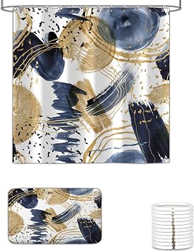 Abstract Blue Gold Shower Curtain and Bath Rugs Set, Boho Aesthetic Unique Modern for Bathroom Decor, Waterproof Cloth Fabric with 12 Hooks,72x72 Inch Non Slip Absorbent Bath Mat 17x29 Inch