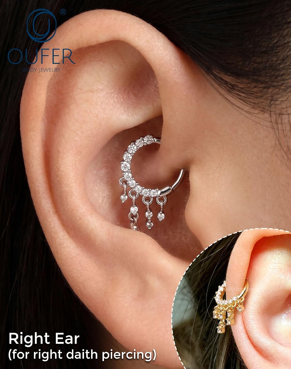 OUFER 16G Tassel CZ Daith Piercing Jewelry, 8mm Silver/Gold Helix Earrings