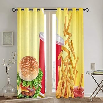 Amazon Saiaos 遮光カーテン 2枚セット ハンバーガーファーストフードドリンクフライドポテトトマトソース おしゃれ 部屋飾り 断熱 防寒 防音 省エネ 間仕切りカーテン 洗える かわいい リビングルーム 寝室 かーてん 幅100cm丈0cm カーテン オンライン通販