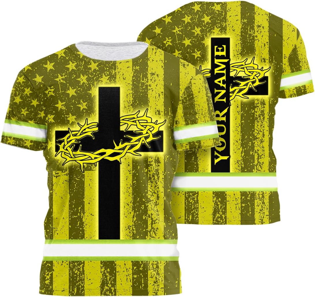 US Flag with Neon Color High Visibility Shirt for Men Women Custom Name Reflective Safety Shirts for Workers