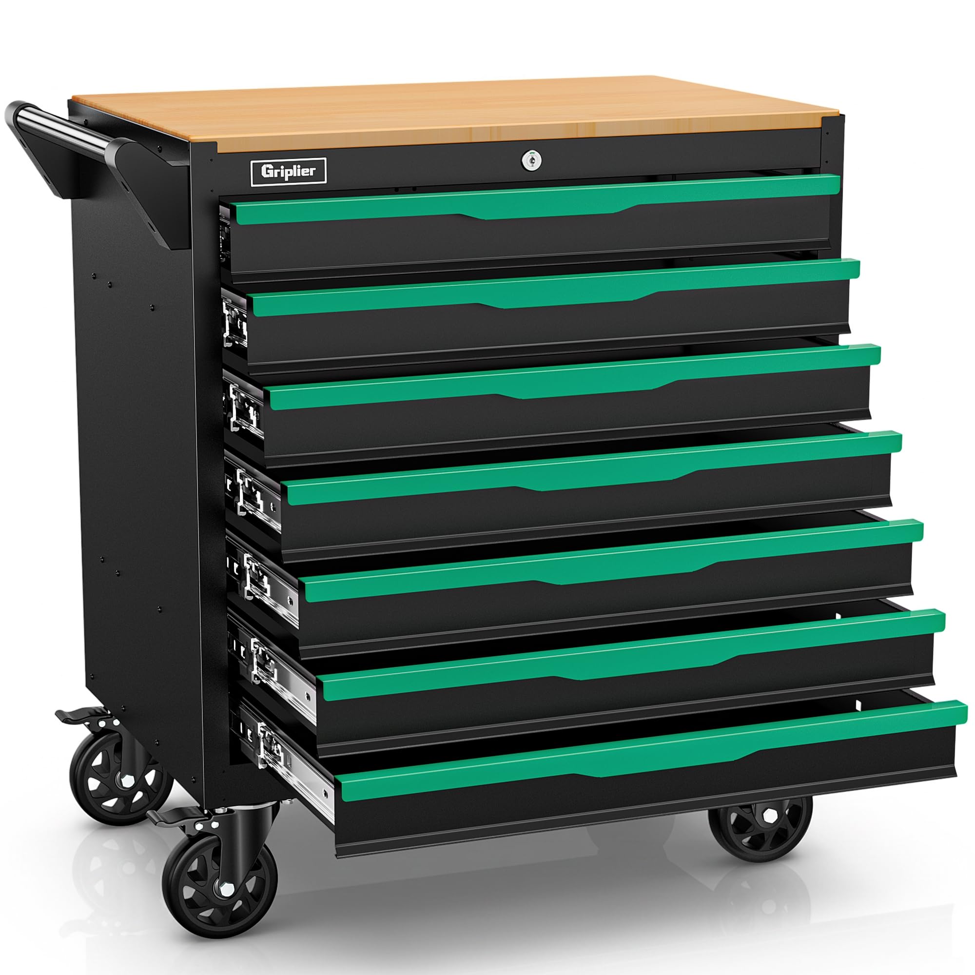 Werkstattwagen, 7 Schubladen,Bremsrad,Schwarz-Grün, Schwerlast Rollbar mit Holzarbeitsplatte,79.5 x 48 x 82cm,Belastung 300kg(7 Schubladen)