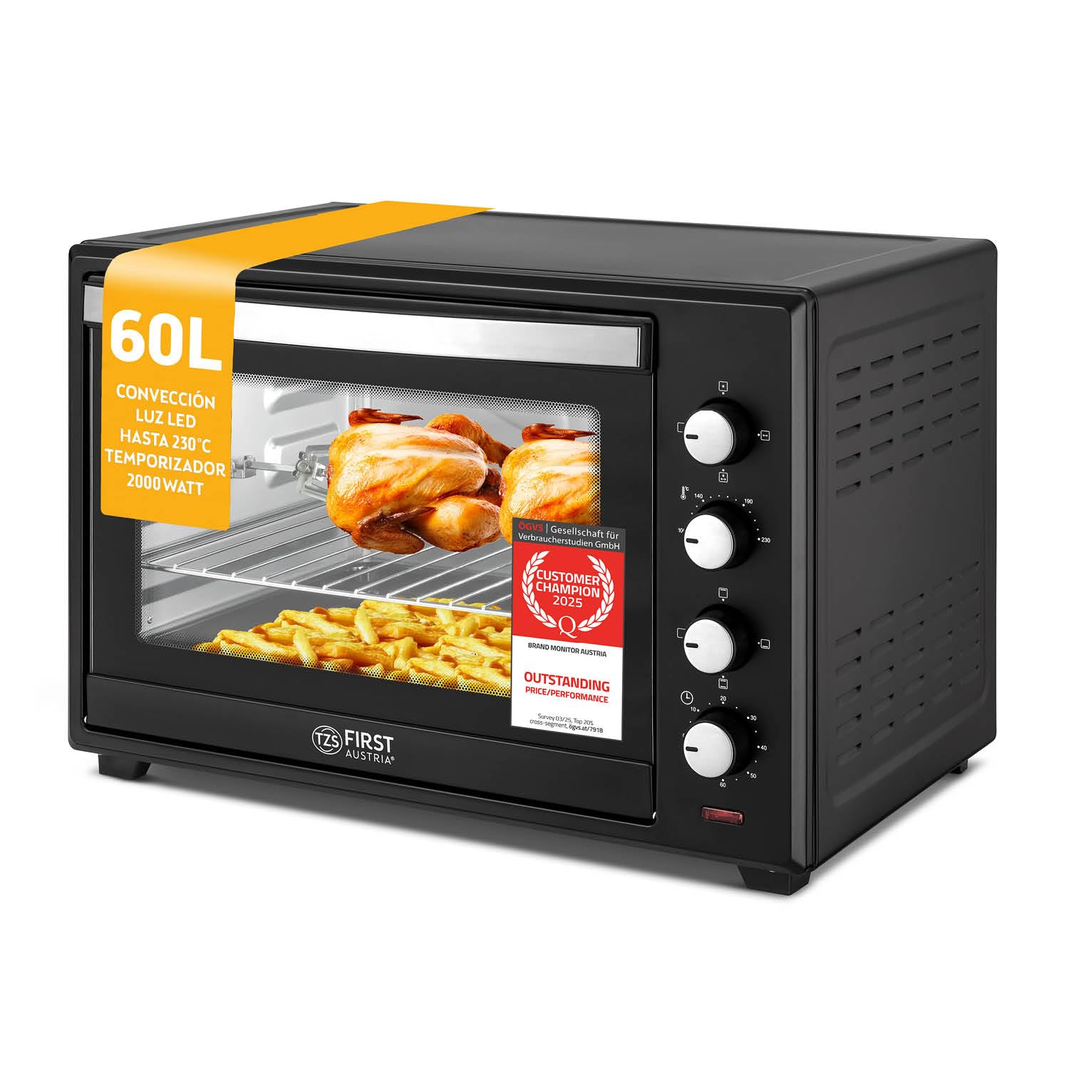 TZS First Austria - Mini Horno 60L 2000W - Minihorno espacioso para pizza con temperatura hasta 230°C y 6 modos - Con temporizador 60 min, 4 alturas de inserción, bandeja, rejilla y asador giratorio