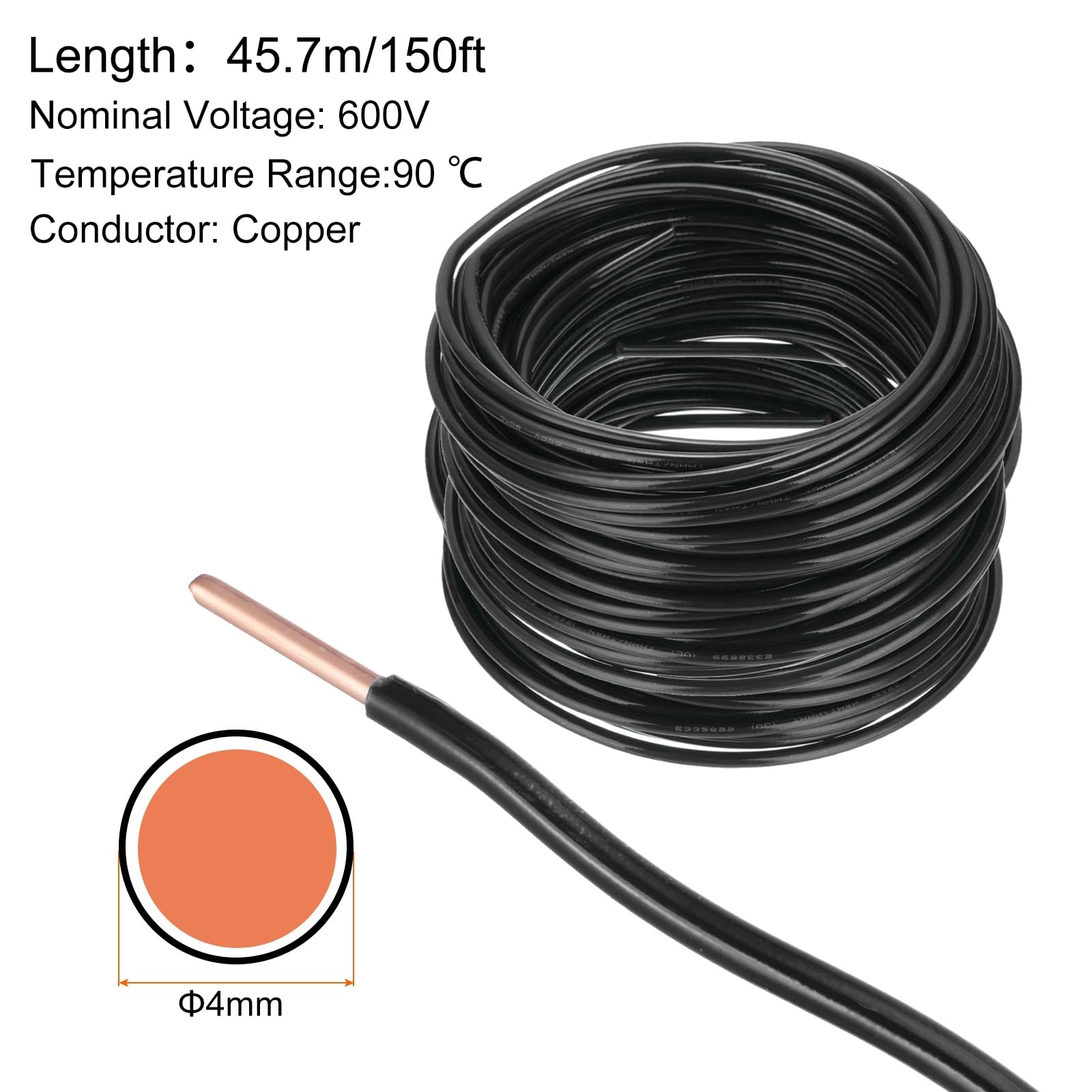 QUARKZMAN 150 Fuß Elektrischer Draht Isoliert Massivkupfer 14AWG Anschlusskabel THHN Draht Wohnbereich Industrie Erdung Elektrisch Bewertet Für 600 Volt UL Geprüft Schwarz