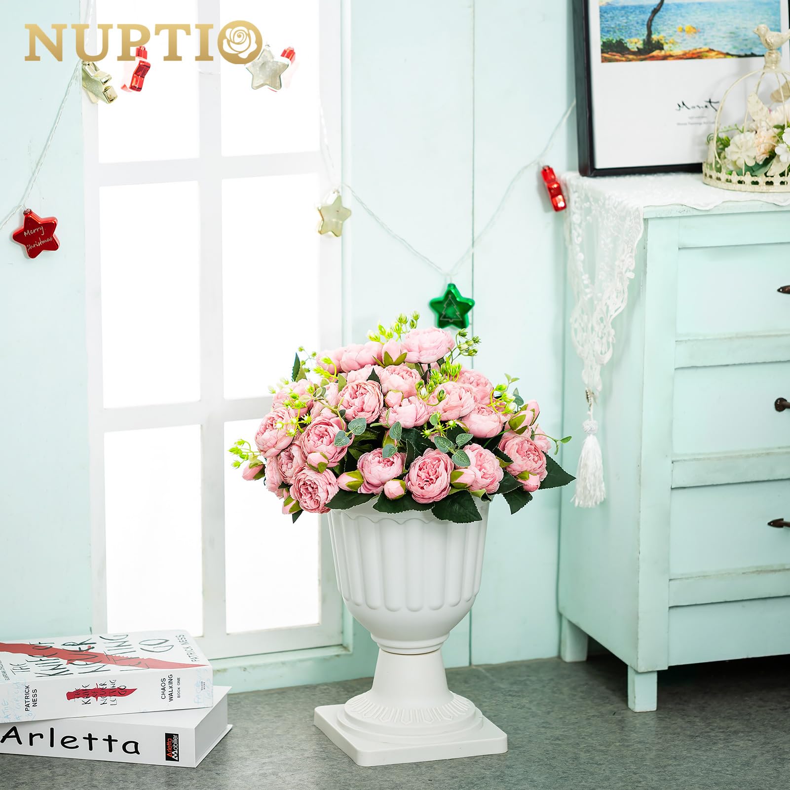 NUPTIO 2 Stück Blumenspindel, Dekorative Urne aus Kunststoff mit Einer Höhe von 35.5cm, Hoher Kunststoff Pflanzensockel, Blumentopf im Vintage Stil, Hausgarten Veranda Türdeck Balkondekoration, Weiß