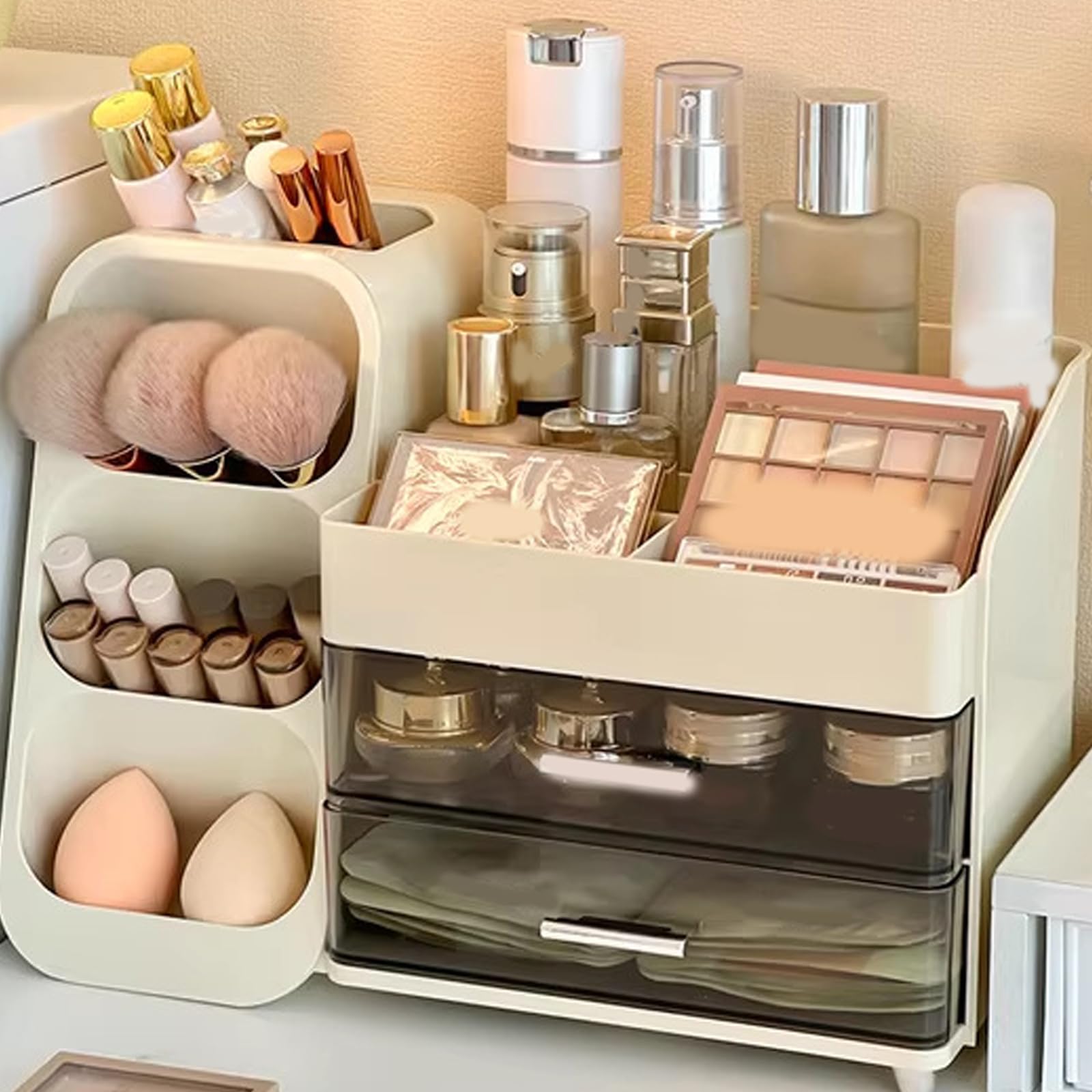 Effiziente Make up Aufbewahrungslösung mit Fächern für Kosmetika, transparente ABS Box, praktische kompakte Vitrine, Make up Organizer mit Schubladen