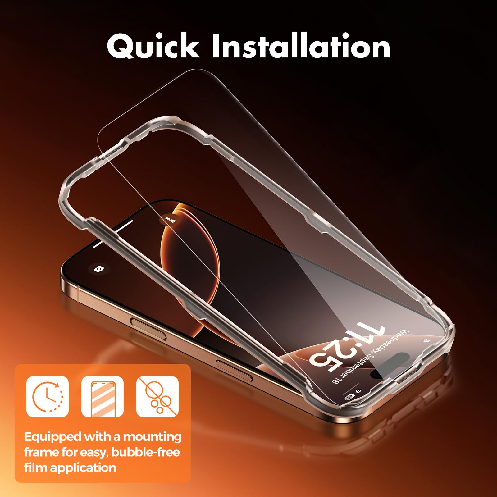 UNBREAKcable Pellicola Protettiva per iPhone 16 Pro 6,3 Pollici, Vetro Temperato HD Doppio Anti-Rottura, Copertura Completa, Durezza 9H, Cornice di Installazione Facile - Pacco da 3