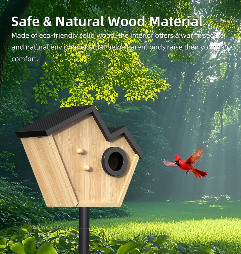 Vogelhuis met camera, 2K-camera, wifi, outdoor, met massief houten nestkast, 2,4 G wifi & app-melding, nestkast met camera, automatische opname van vogelvideo's en bewegingsdetectie, op zonne-energie