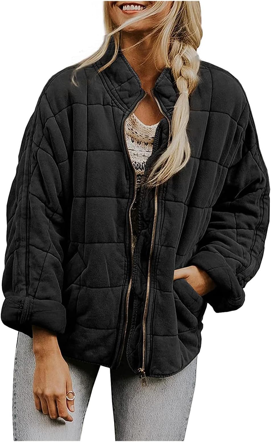 uSeceeSale Womens Dolman Lightweight Quilted Jackets Long Sleeve Solid Color Coat Winter Warm Padded Down Warm Puffer Coat Stand Neck Drop Shoulder with Pockets Fashion Outwear