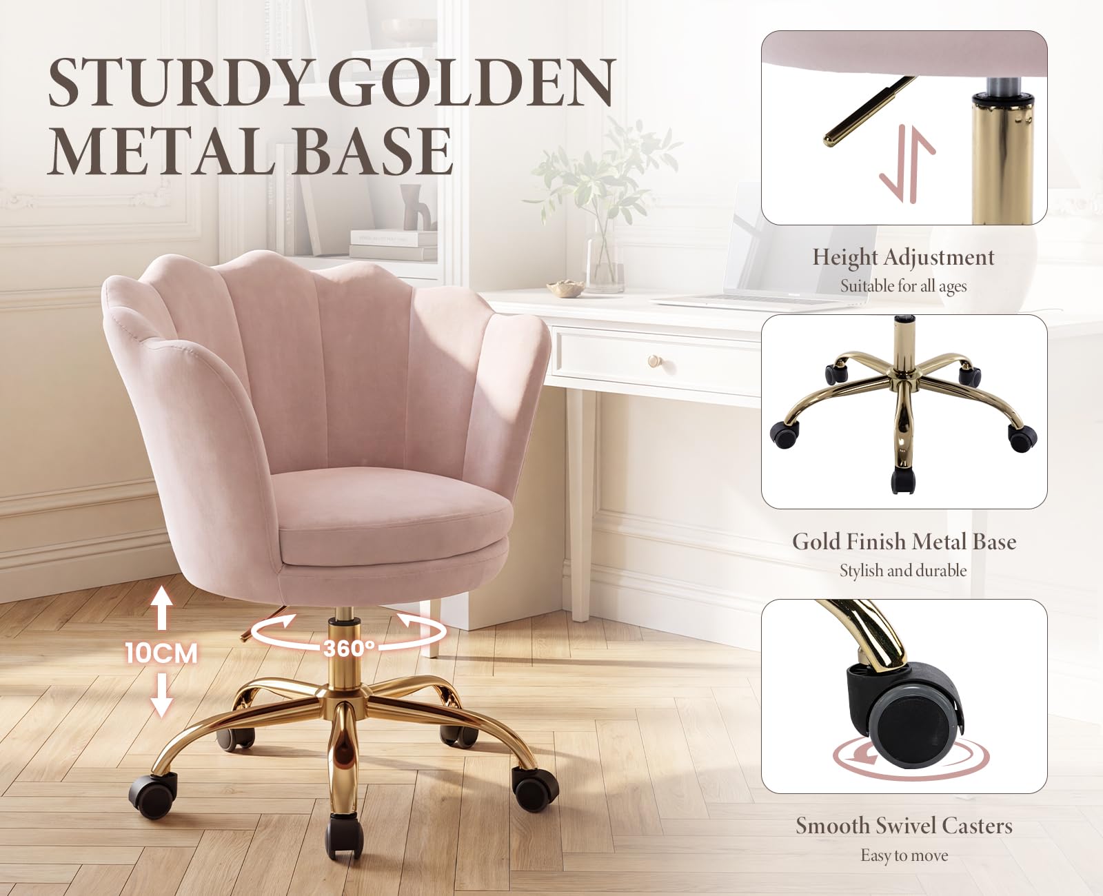 Ya-Home Silla Tocador Silla Escritorio de Terciopelo con Ruedas,Rosa Claro | Terciopelo, Giratorio, Ruedas, Altura Ajustable, 10cm Cojin Grueso, Forma de Flor, para Tocador/Dormitorio/Oficina, MAX 136KG