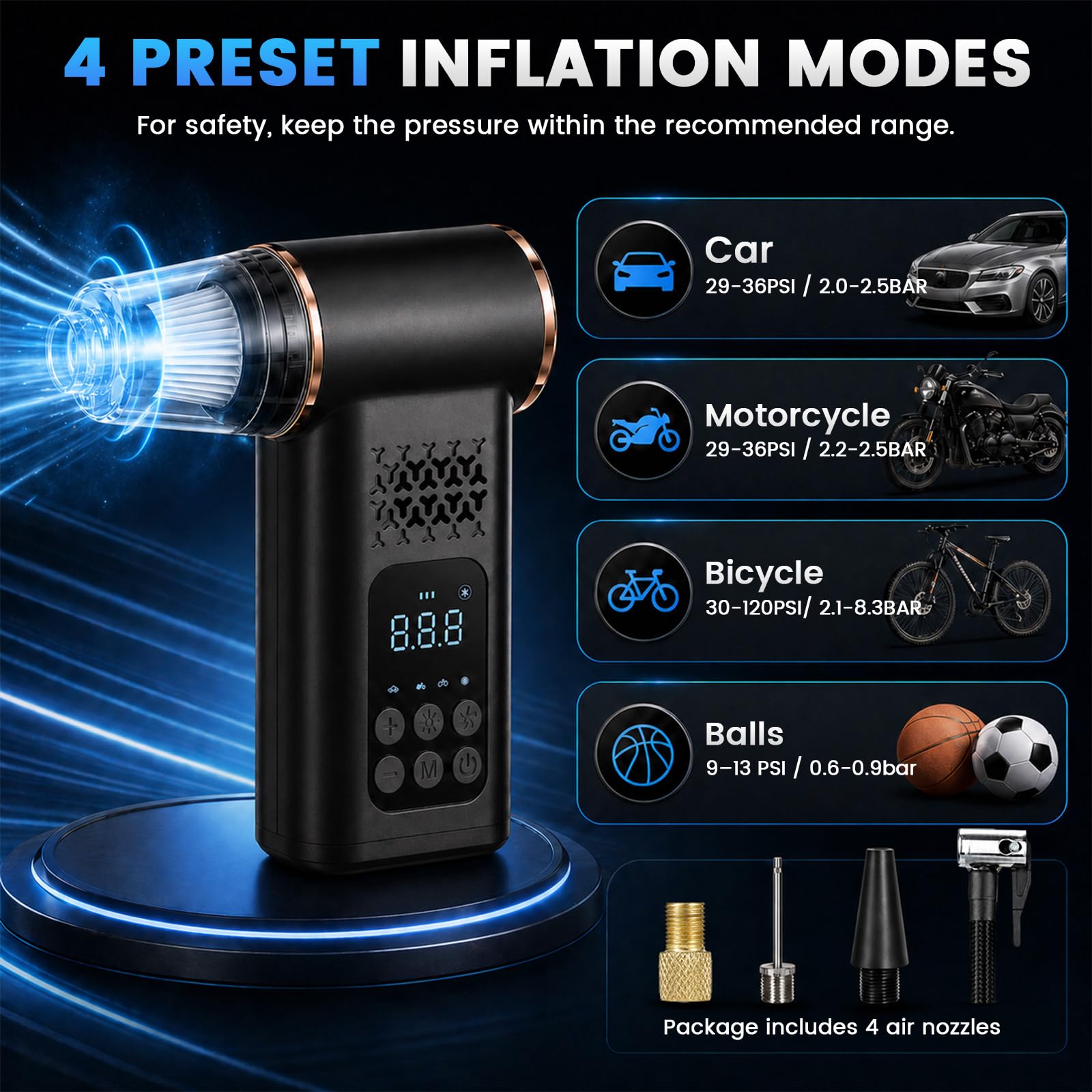 Gonfleur Pneus Voiture et Aspirateur Voiture, 6000mAh Compresseur à Air Portatif 150 PSI, Pneus Voiture Sans Fil avec Lumière LED, Inflation Rapide et Sac de Rangement Pour Voiture, Vélo, Moto, Balles