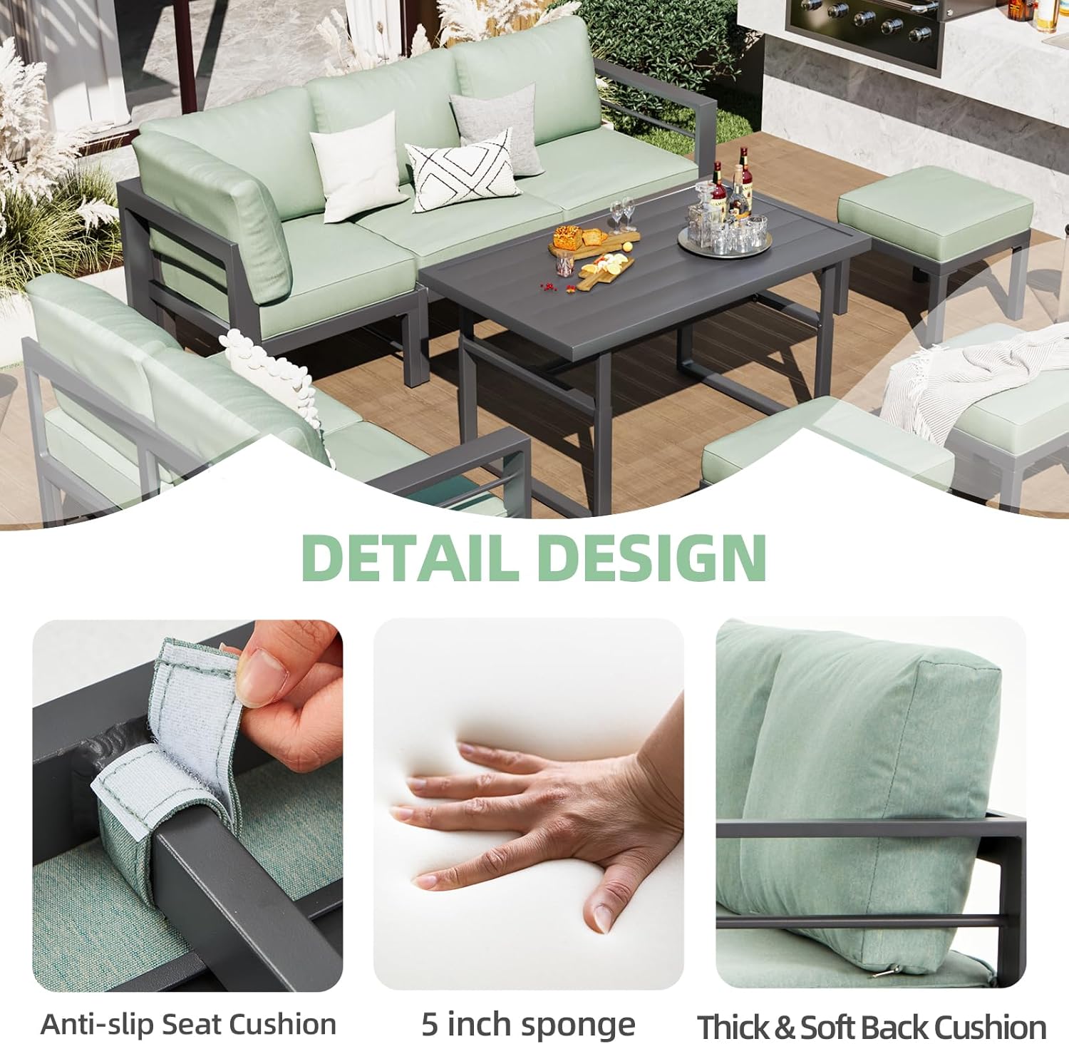 Detaljno view of the patio furniture's design features, including anti-slip seat cushion fasteners, a cross-section showing the 5-inch sponge, and the thick, soft back cushions.