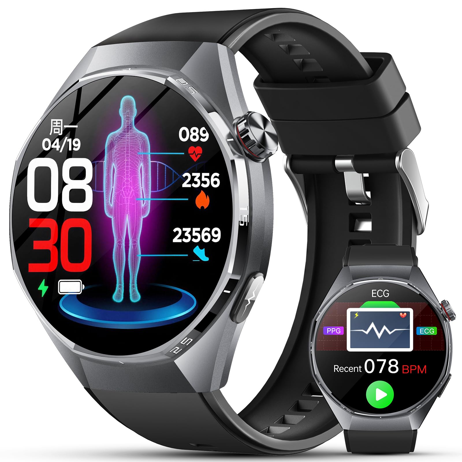 Smartwatch Uomo Con ECG/Pressione Sanguigna/AI Salute/Micro-Check-Up,Nero