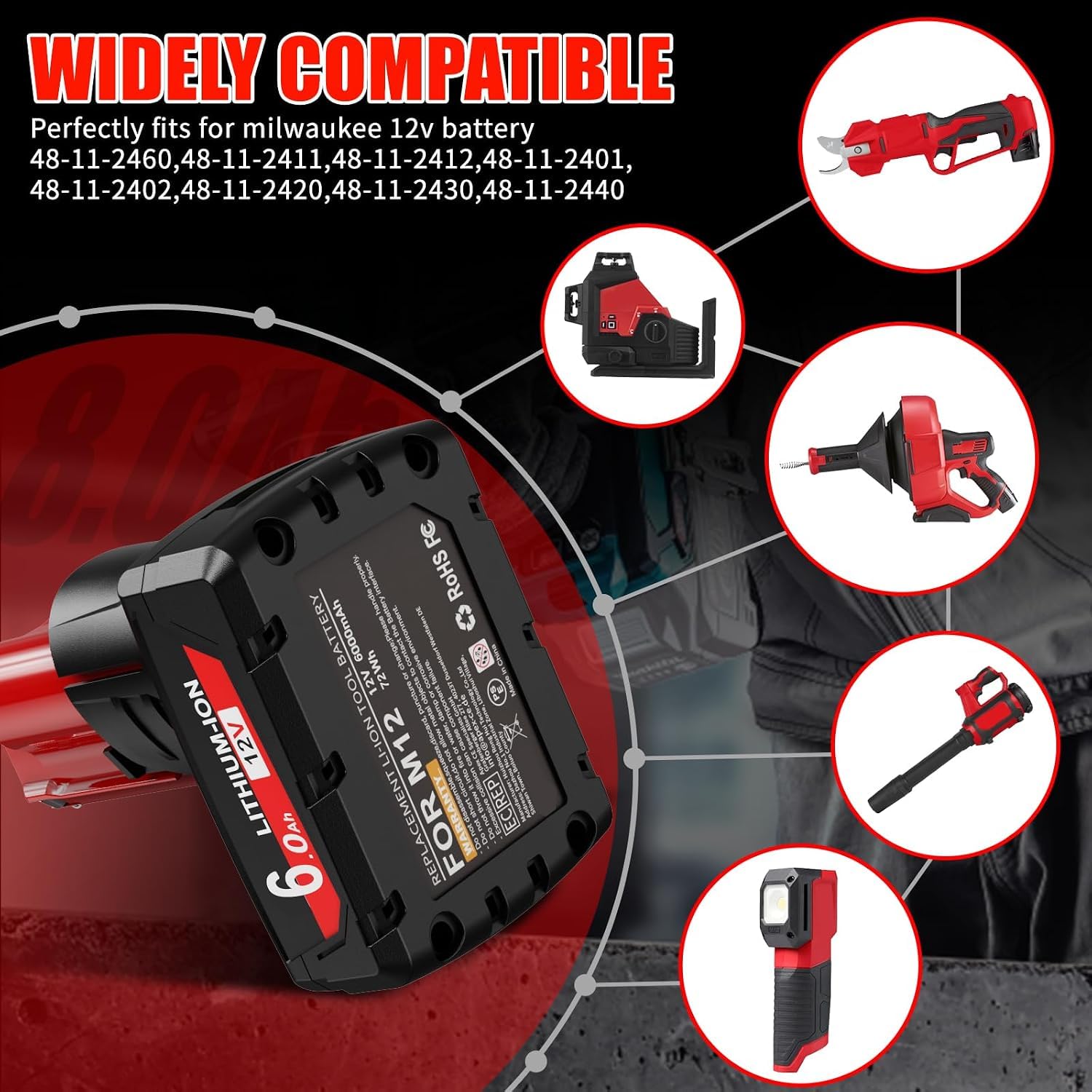 2X 12V 6.0Ah/6000mAh Compatible with for Milwaukee M12, Red-Black-2 - Image 5
