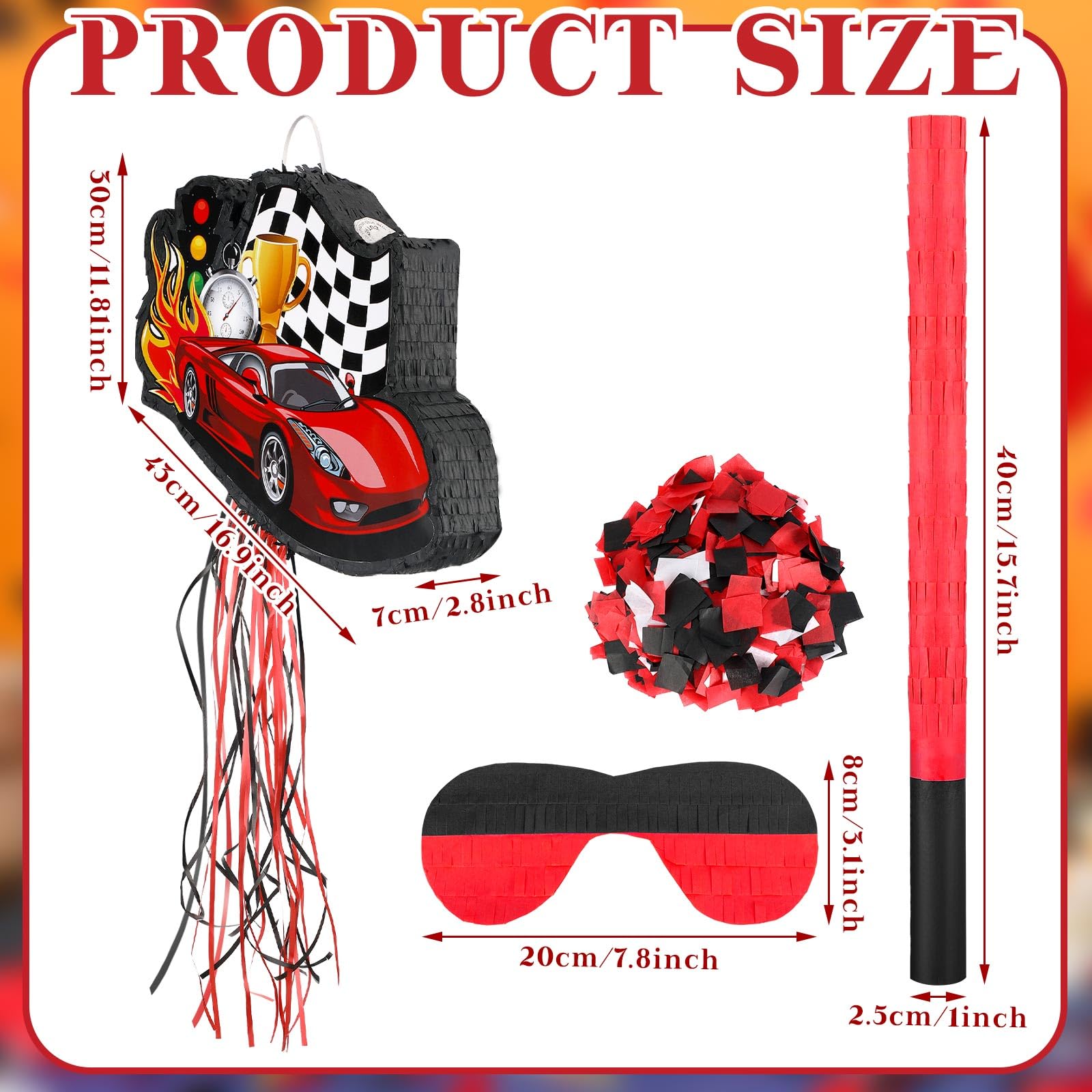 Seematn Race Car Piñata Bundle with a Blindfold, Bat and Confetti Birthday Party Supplies Small Racing Piñata for Kids Boy Construction Party Favors Decor