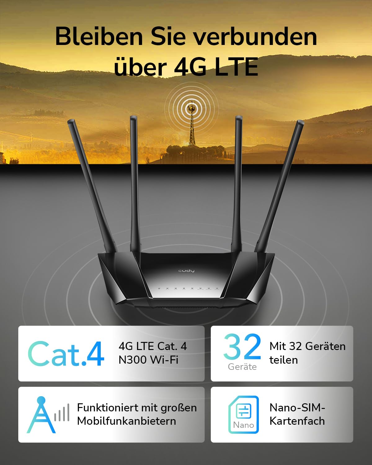 Cudy 4G LTE Router SIM Karte, N300 WLAN Router, 300 Mbit/s WLAN, SIM-Kartensteckplatz für jeden Betreiber FDD und TDD, DDNS, PPTP/L2TP VPN, LT400 | Nano SIM-Kartensteckplatz für jeden Betreiber FDD und TDD, DDNS, PPTP/L2TP VPN, LT400