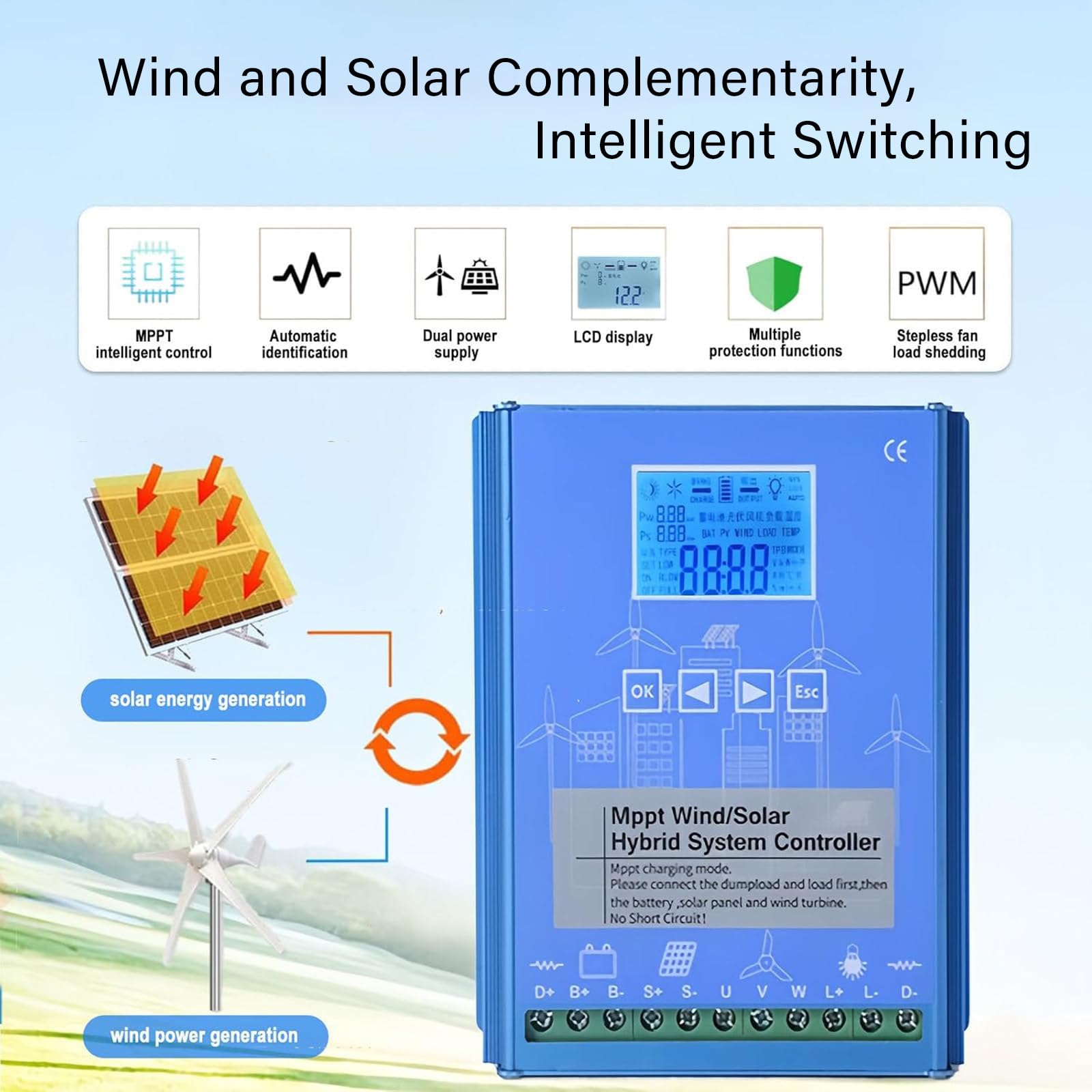 Kontroler Hybrydowy Wiatrowo-Słoneczny O Mocy 1000W, Wyświetlacz Lcd 12 V/24 V/48 V, Kontroler Wiatrowo-Słoneczny, Turbina Wiatrowa I Hybrydowy Solarny Z Funkcją ładowania Mppt Boost 12/24V