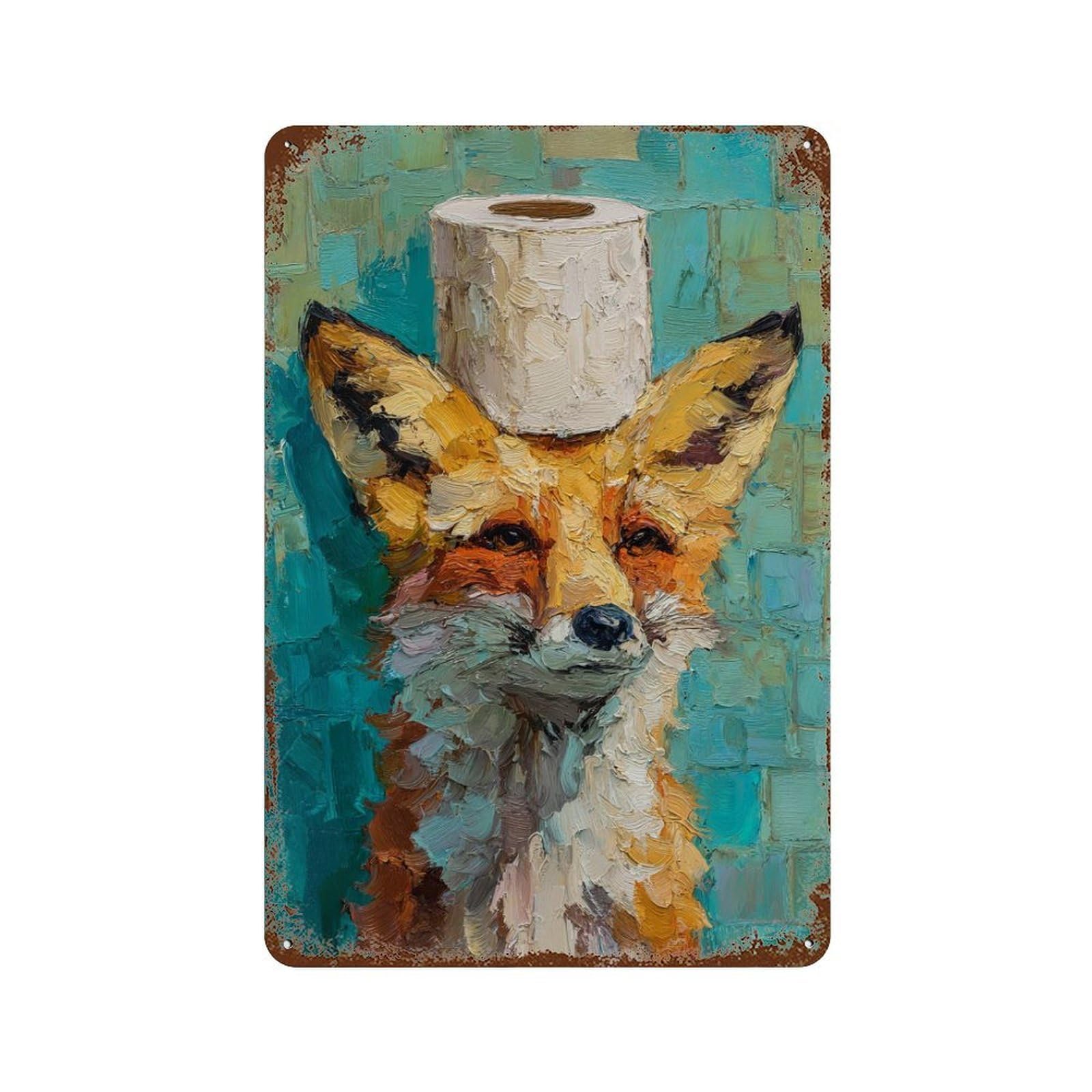 Fox with Toilet Paper Roll Hat Rusty Metal Tin Sign 11.8"x7.9", for Living Room, Hallway And Home Decor, Old School Wall Decor
